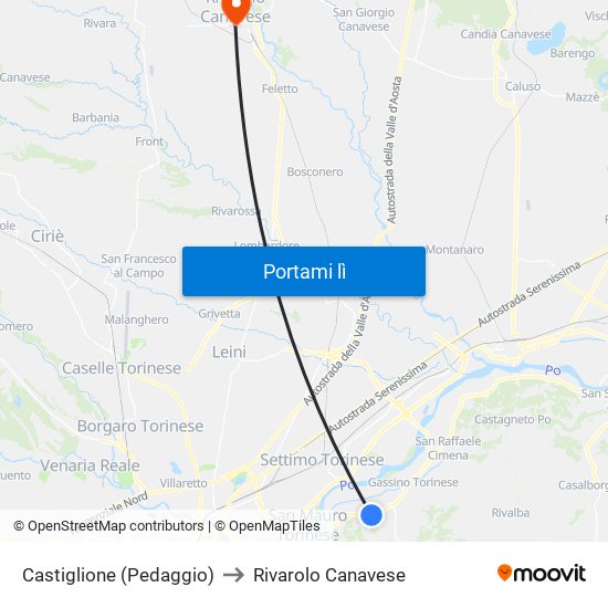 Castiglione (Pedaggio) to Rivarolo Canavese map