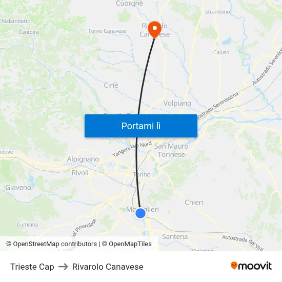 Trieste Cap to Rivarolo Canavese map