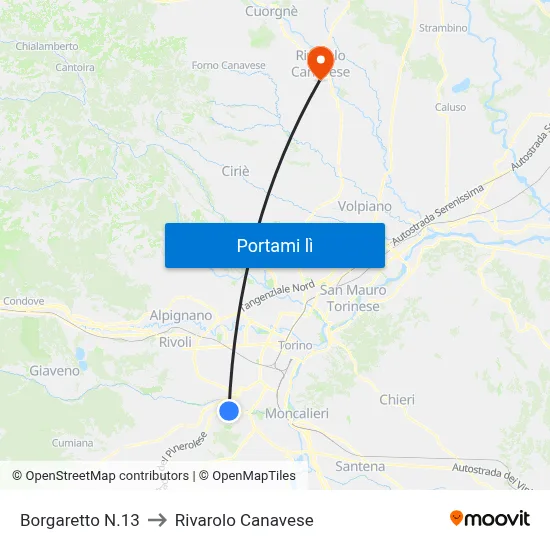 Borgaretto N.13 to Rivarolo Canavese map