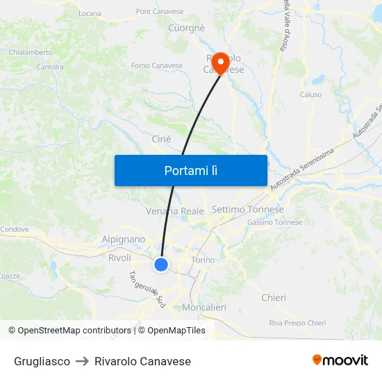 Grugliasco to Rivarolo Canavese map