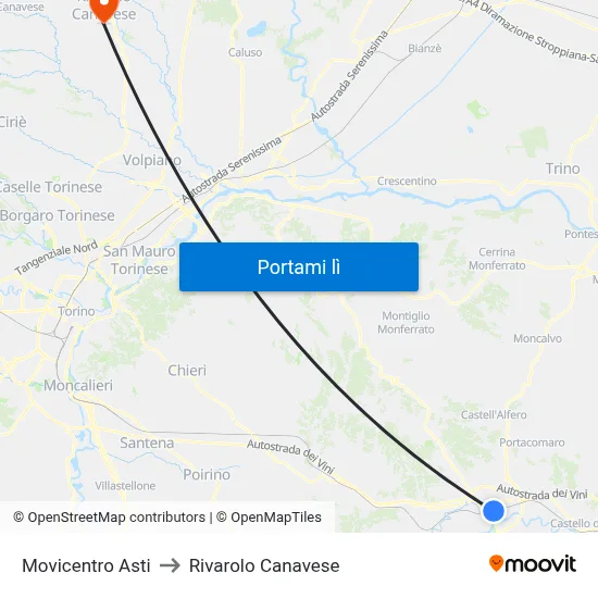 Movicentro Asti to Rivarolo Canavese map