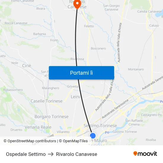 Ospedale Settimo to Rivarolo Canavese map