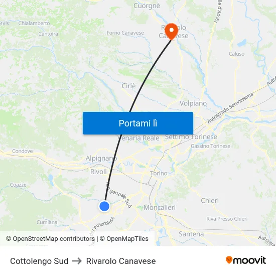 Cottolengo Sud to Rivarolo Canavese map