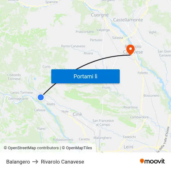 Balangero to Rivarolo Canavese map