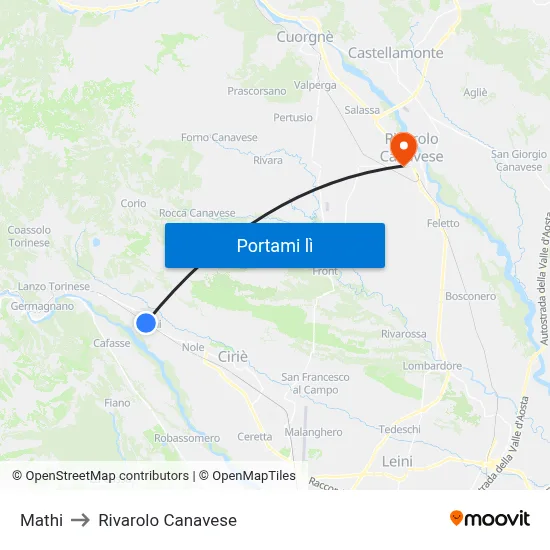 Mathi to Rivarolo Canavese map