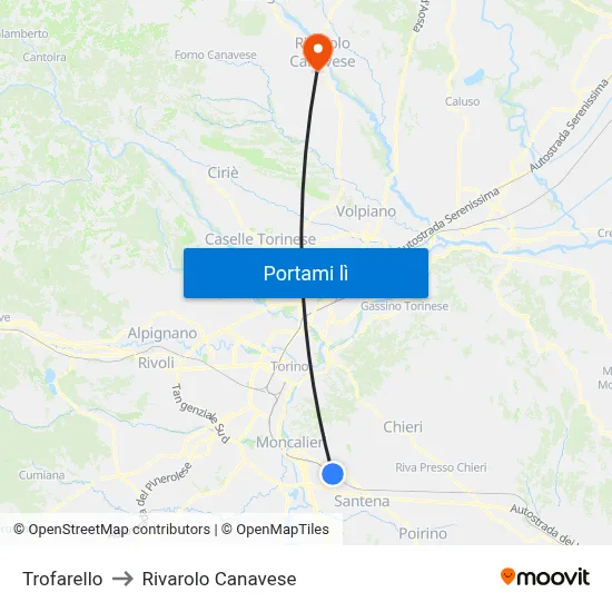 Trofarello to Rivarolo Canavese map