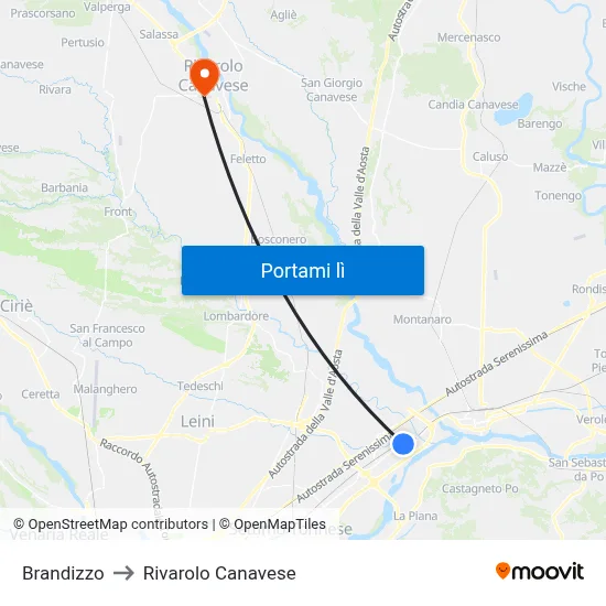 Brandizzo to Rivarolo Canavese map