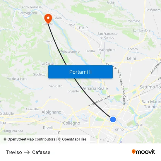 Treviso to Cafasse map