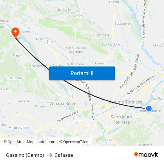 Gassino (Centro) to Cafasse map