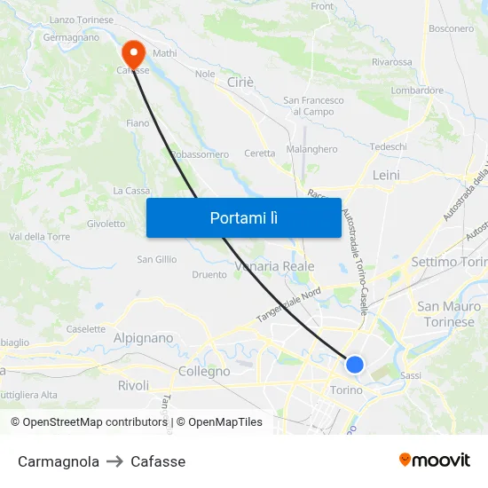 Carmagnola to Cafasse map