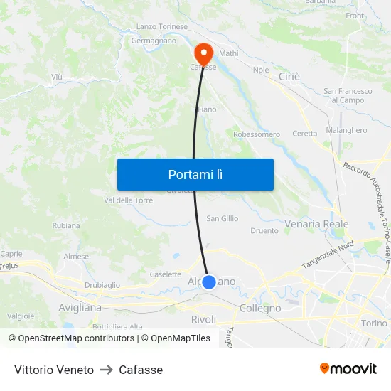 Vittorio Veneto to Cafasse map