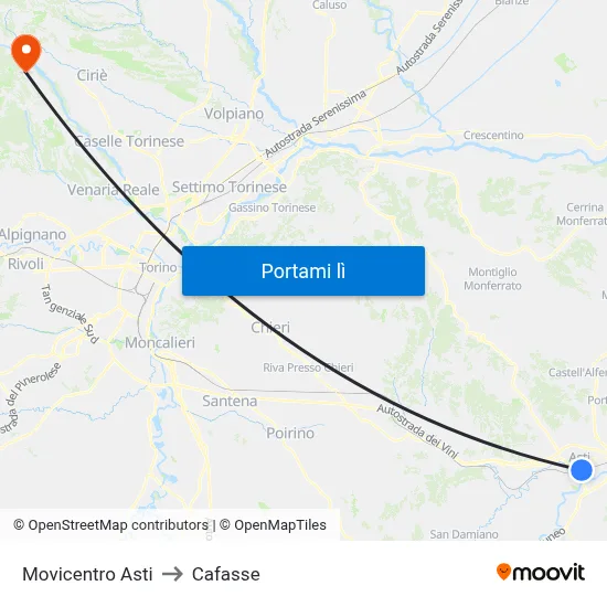 Movicentro Asti to Cafasse map