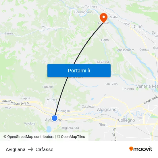 Avigliana to Cafasse map
