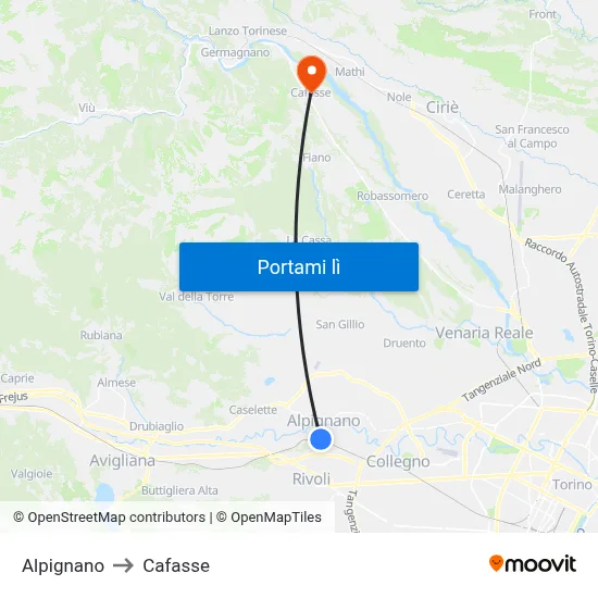 Alpignano to Cafasse map