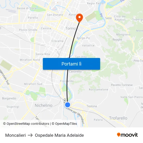 Moncalieri to Ospedale Maria Adelaide map