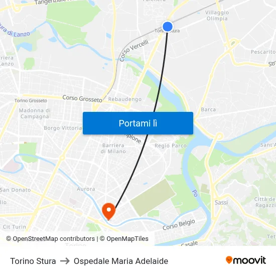 Torino Stura to Ospedale Maria Adelaide map