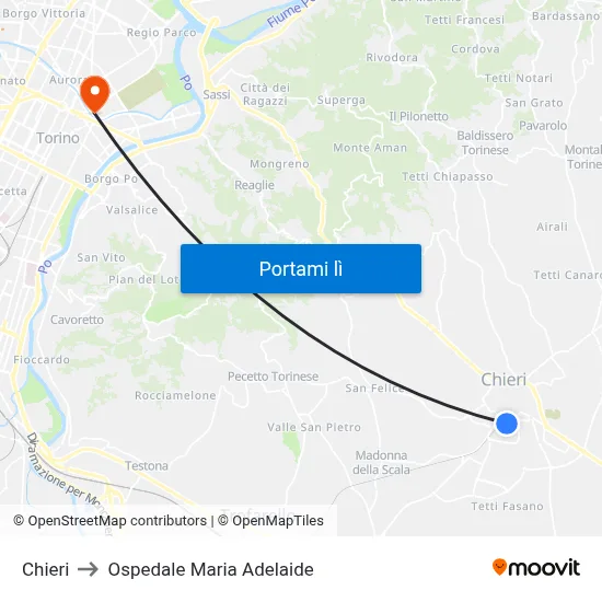 Chieri to Ospedale Maria Adelaide map
