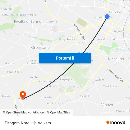 Pitagora Nord to Volvera map