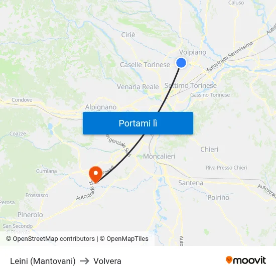 Leini (Mantovani) to Volvera map