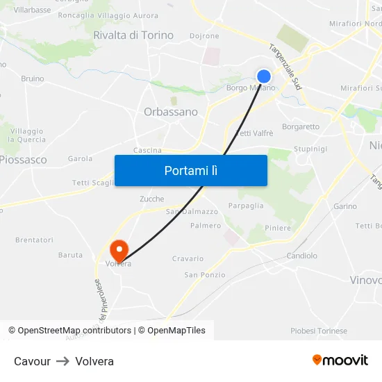 Cavour to Volvera map
