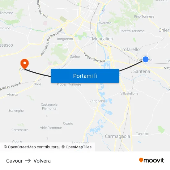 Cavour to Volvera map