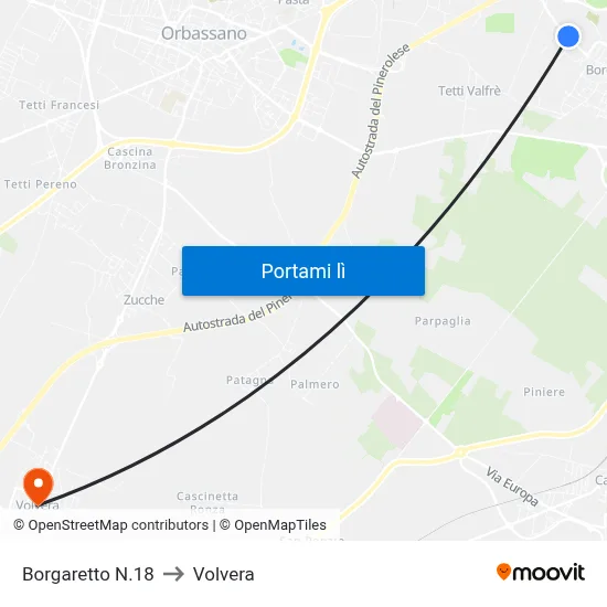 Borgaretto N.18 to Volvera map