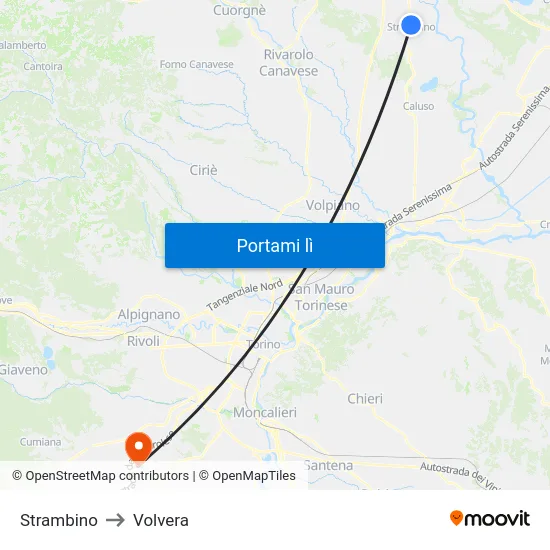 Strambino to Volvera map