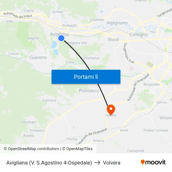 Avigliana (V. S.Agostino 4-Ospedale) to Volvera map