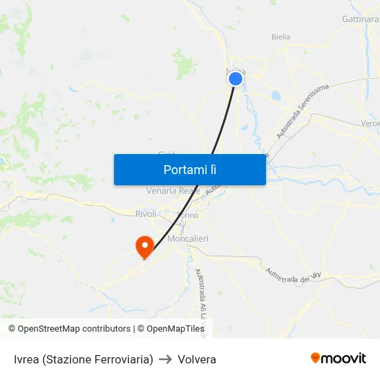 Ivrea (Stazione Ferroviaria) to Volvera map