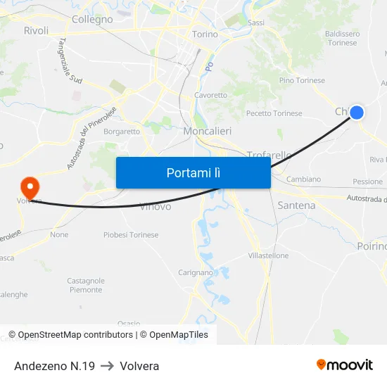 Andezeno N.19 to Volvera map