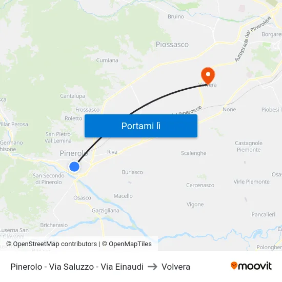 Pinerolo - Via Saluzzo - Via Einaudi to Volvera map