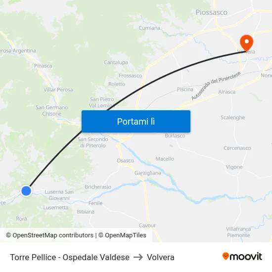 Torre Pellice - Ospedale Valdese to Volvera map
