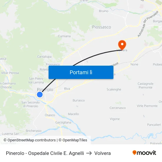 Pinerolo - Ospedale Civile E. Agnelli to Volvera map