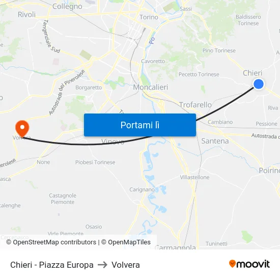 Chieri - Piazza Europa to Volvera map