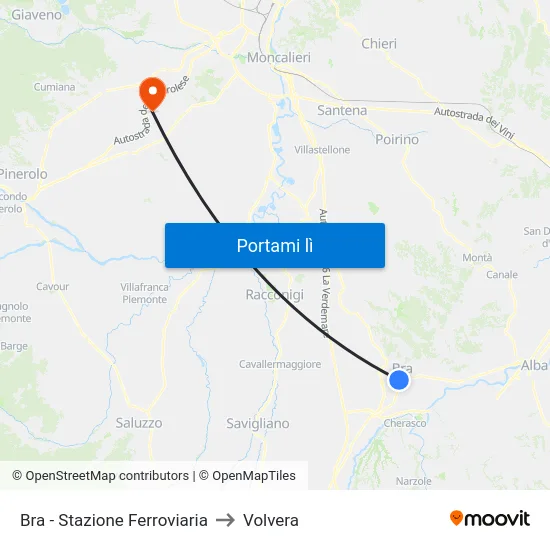 Bra - Stazione Ferroviaria to Volvera map