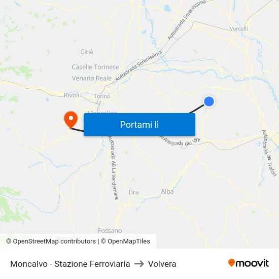 Moncalvo - Stazione Ferroviaria to Volvera map