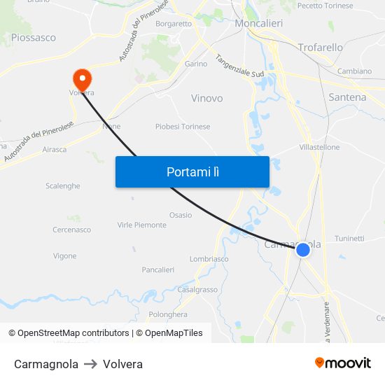 Carmagnola to Volvera map