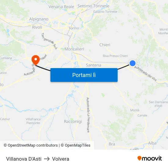 Villanova D'Asti to Volvera map