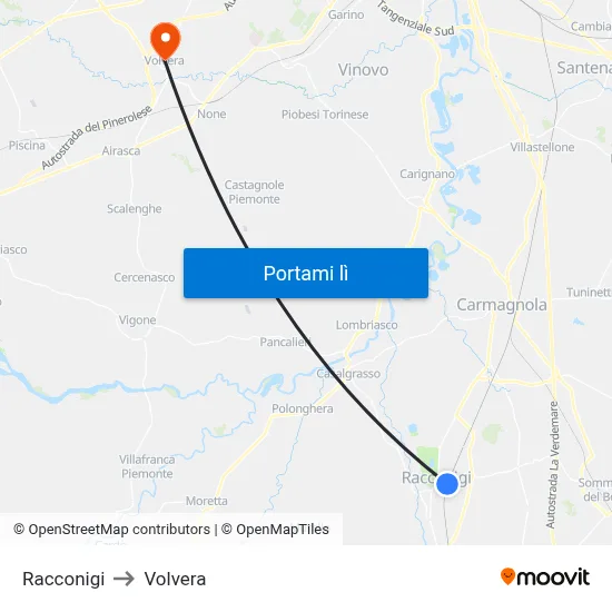 Racconigi to Volvera map