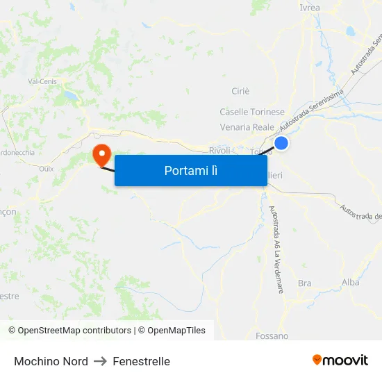 Mochino Nord to Fenestrelle map