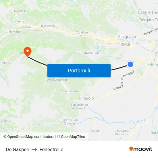 De Gasperi to Fenestrelle map