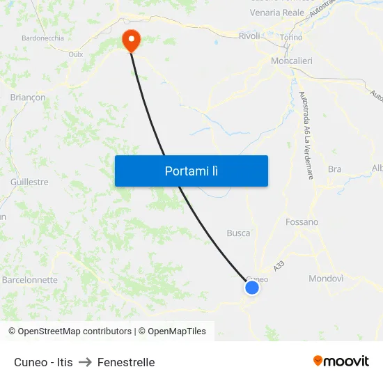 Cuneo - Itis to Fenestrelle map