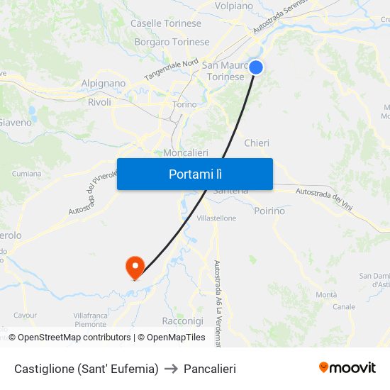 Castiglione (Sant' Eufemia) to Pancalieri map