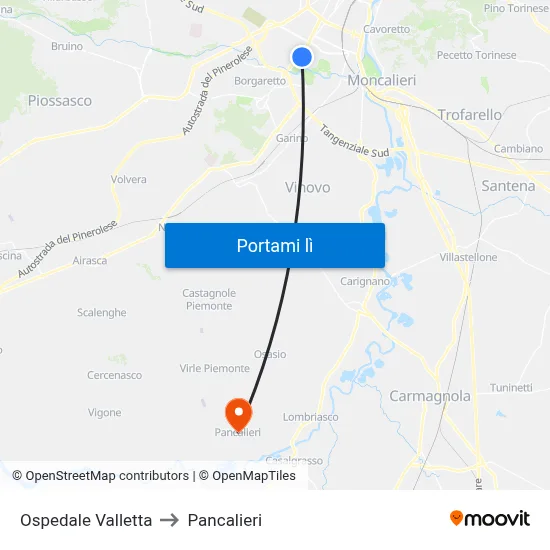 Ospedale Valletta to Pancalieri map