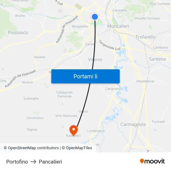 Portofino to Pancalieri map