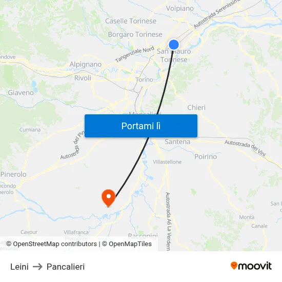 Leini to Pancalieri map