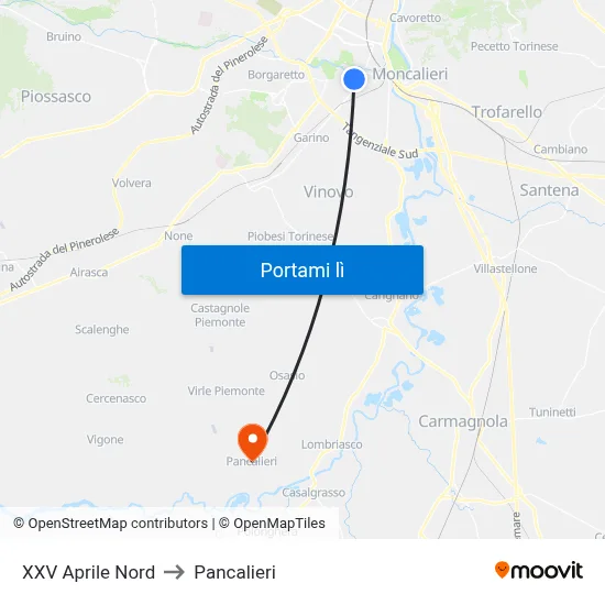 XXV Aprile Nord to Pancalieri map
