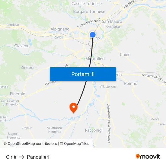Ciriè to Pancalieri map