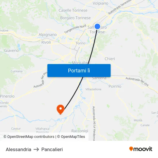 Alessandria to Pancalieri map