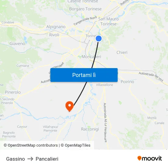 Gassino to Pancalieri map